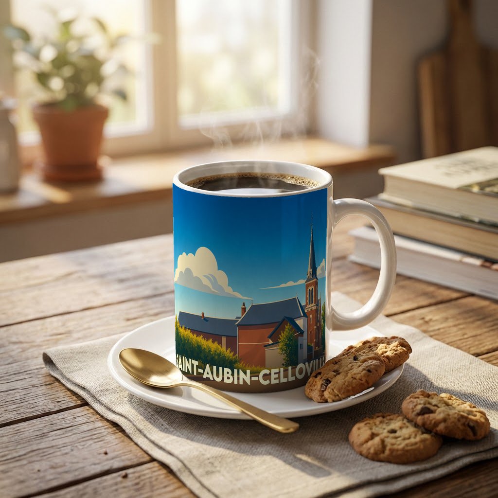 Mug souvenir de la ville de Saint-Aubin-Celloville avec une illustration stylisée.
