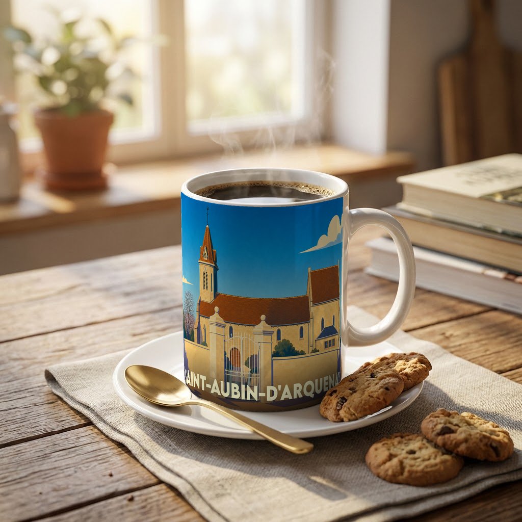 Mug souvenir de la ville de Saint-Aubin-d'Arquenay avec une illustration stylisée de son église.