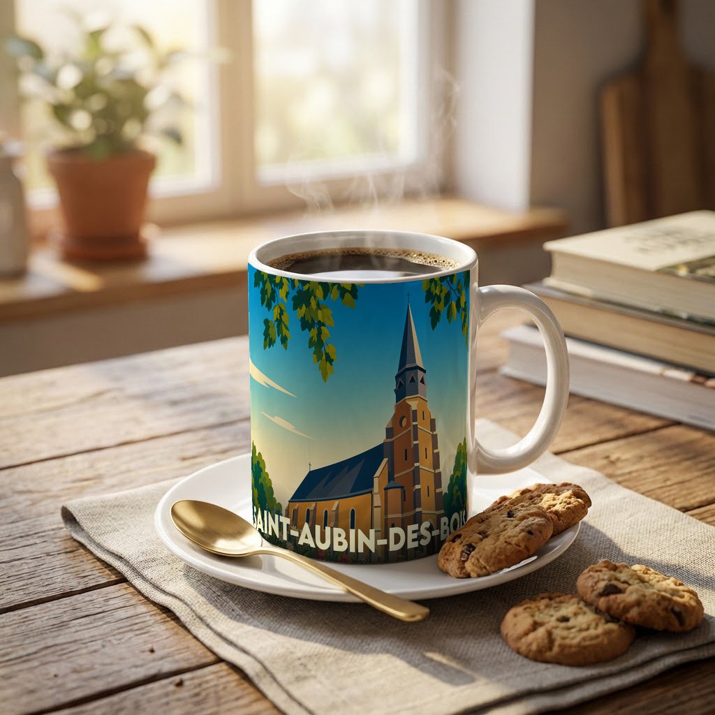 Mug souvenir de la ville de Saint-Aubin-des-Bois avec une illustration stylisée de son église.
