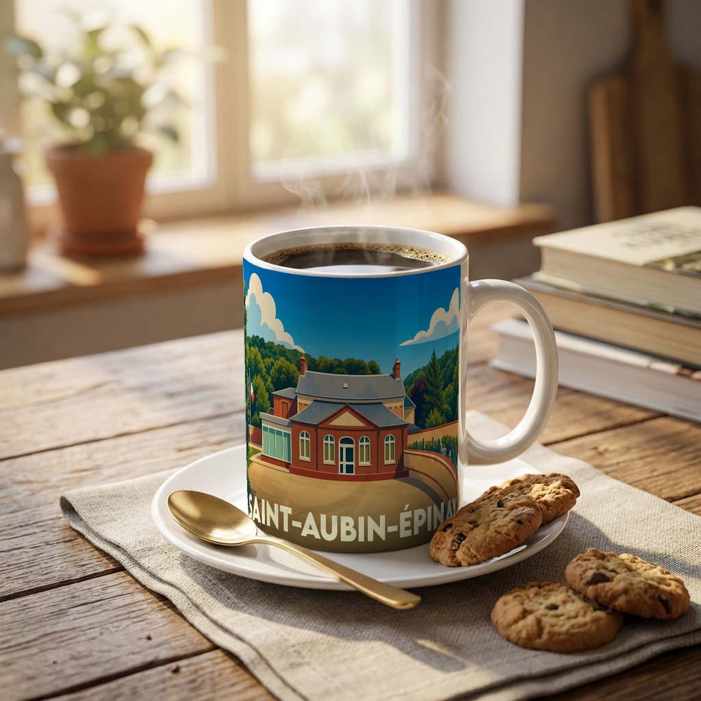 Mug souvenir de la ville de Saint-Aubin-Épinay avec une illustration stylisée.