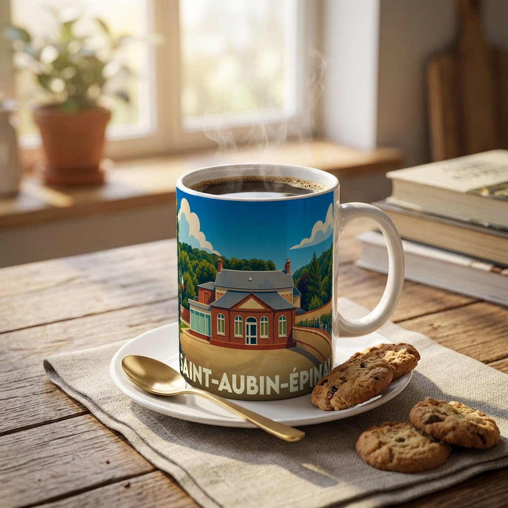 Mug souvenir de la ville de Saint-Aubin-Épinay avec une illustration stylisée.