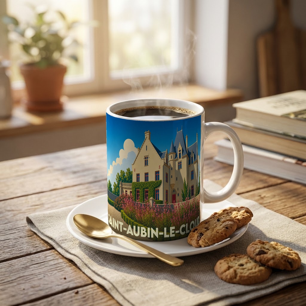Mug souvenir de la ville de Saint-Aubin-le-Cloud avec une illustration stylisée d'un château.