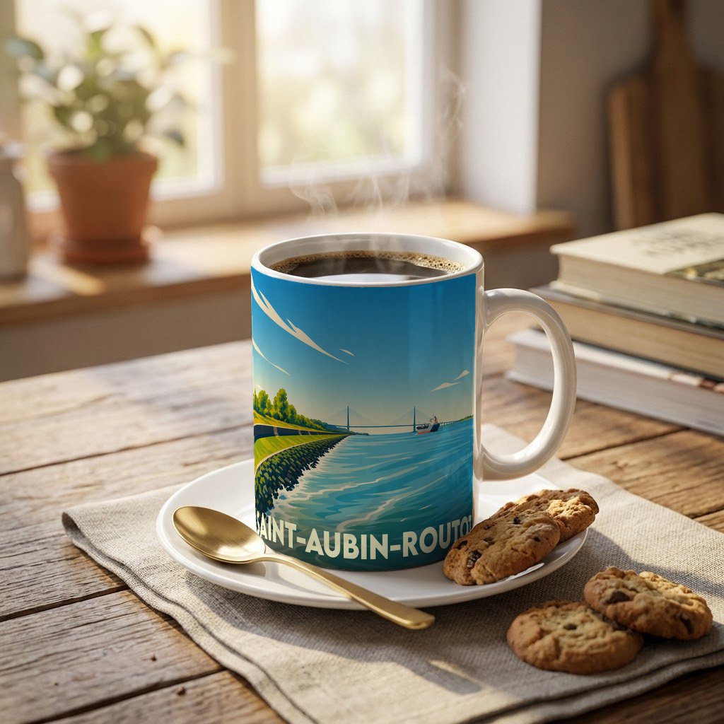 Mug souvenir de la ville de Saint-Aubin-Routot orné d'une illustration stylisée de son paysage côtier et de son pont.
