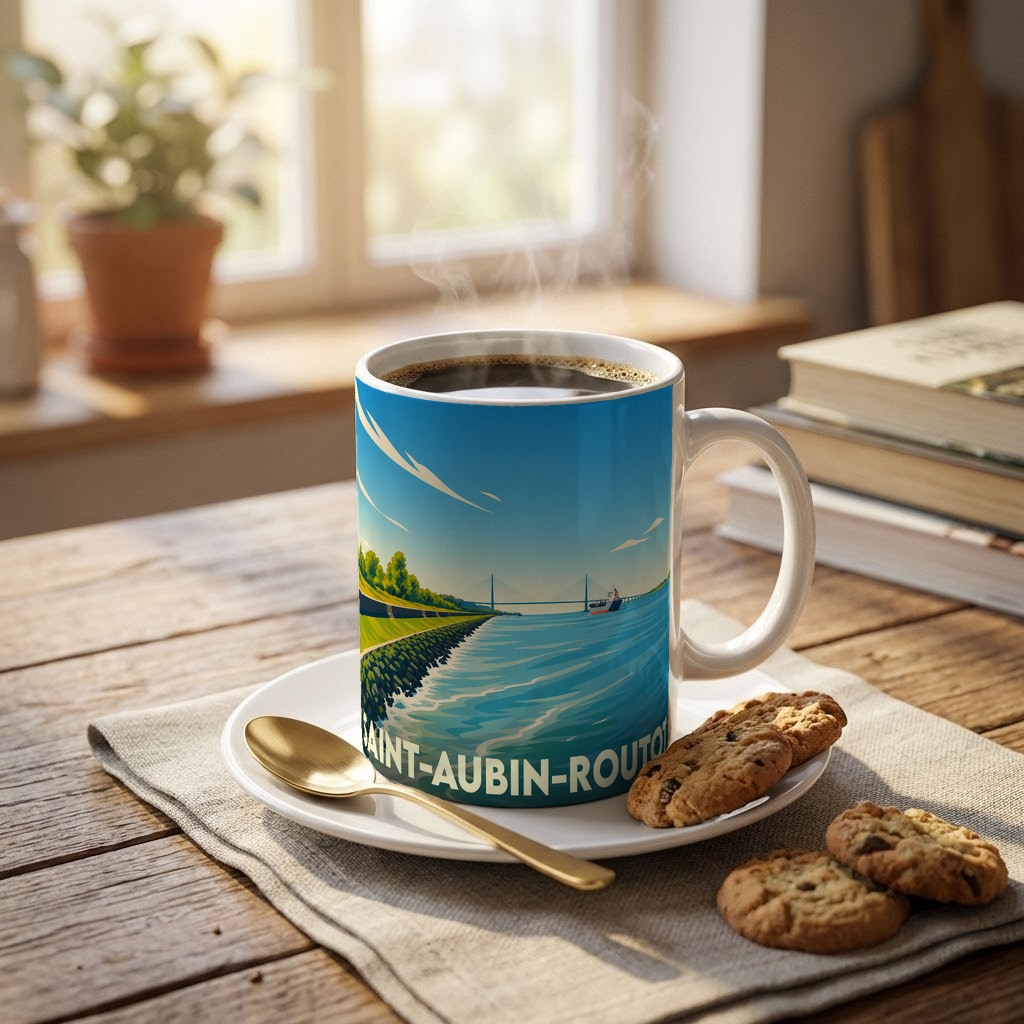 Mug souvenir de la ville de Saint-Aubin-Routot orné d'une illustration stylisée de son paysage côtier et de son pont.
