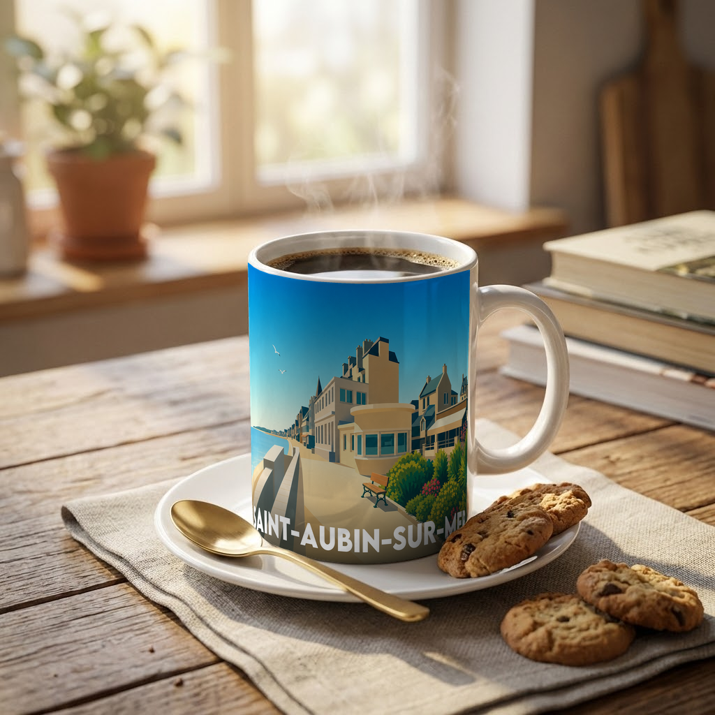 Mug souvenir de la ville de Saint-Aubin-sur-Mer avec une illustration stylisée de son front de mer.