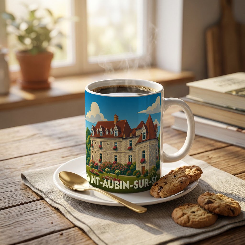 Mug souvenir de la ville de Saint-Aubin-sur-Scie illustré d'un château pittoresque.
