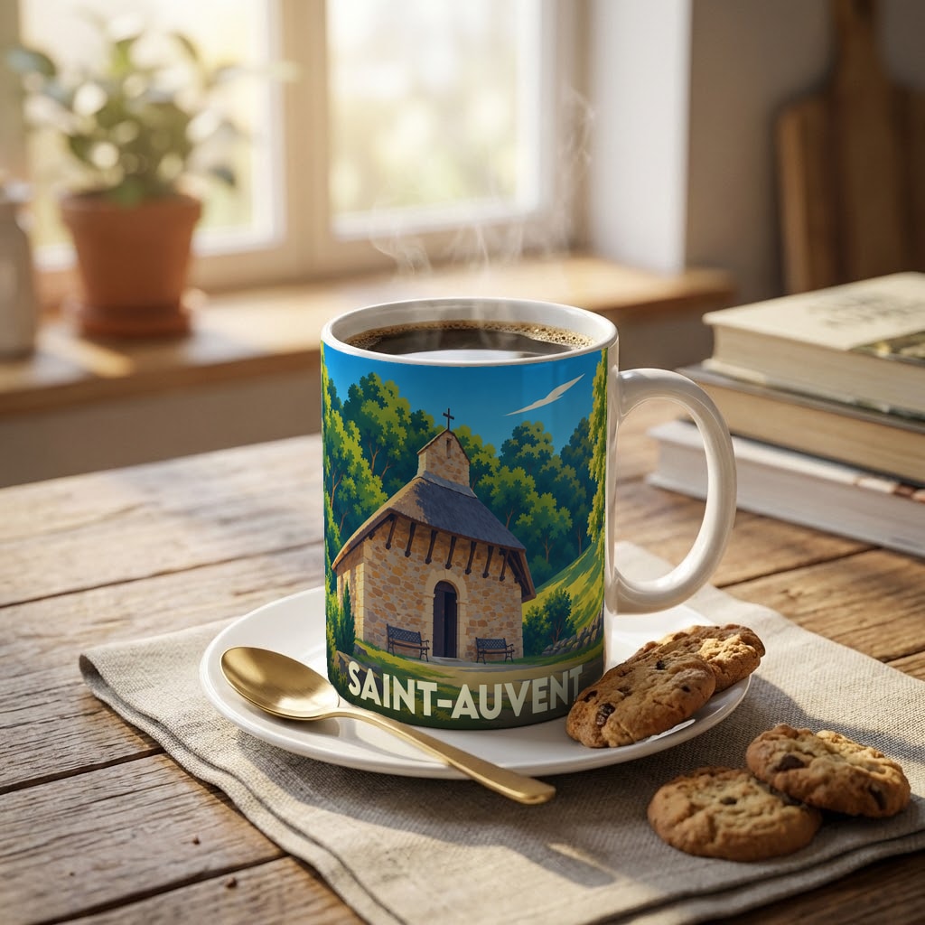 Mug souvenir de la ville de Saint-Auvent orné d'une illustration stylisée de sa chapelle.