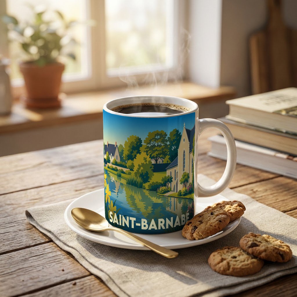 Mug souvenir de la ville de Saint-Barnabé avec une illustration stylisée et colorée.