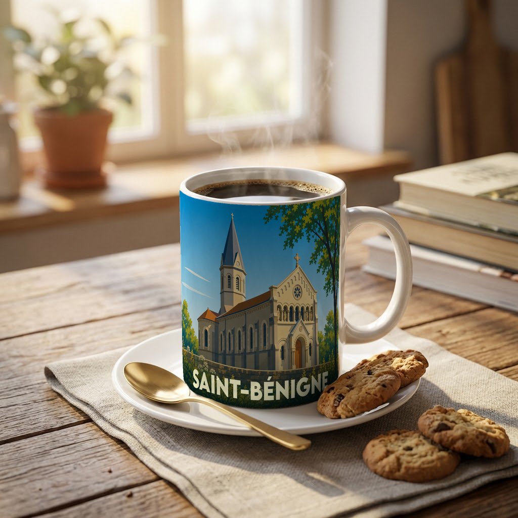 Mug souvenir de la ville de Saint-Bénigne illustré par une église stylisée sous un ciel bleu.