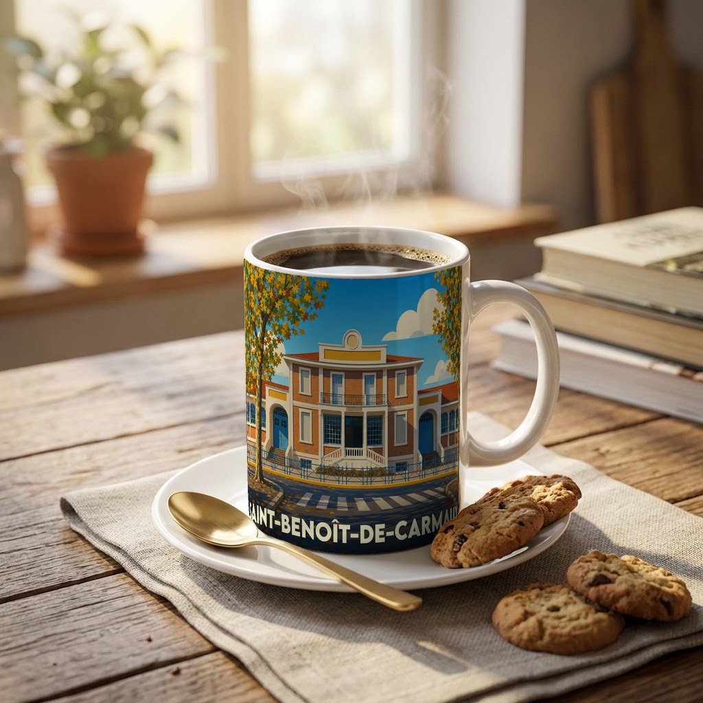 Mug souvenir de la ville de Saint-Benoît-de-Carmaux avec une illustration colorée et stylisée.