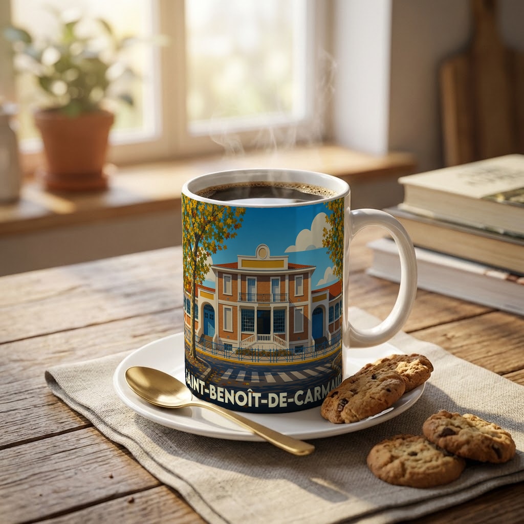 Mug souvenir de la ville de Saint-Benoît-de-Carmaux avec une illustration colorée et stylisée.
