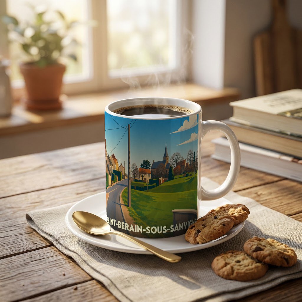 Mug souvenir de la ville de Saint-Berain-sous-Sanvignes avec une illustration stylisée de son paysage urbain et rural.