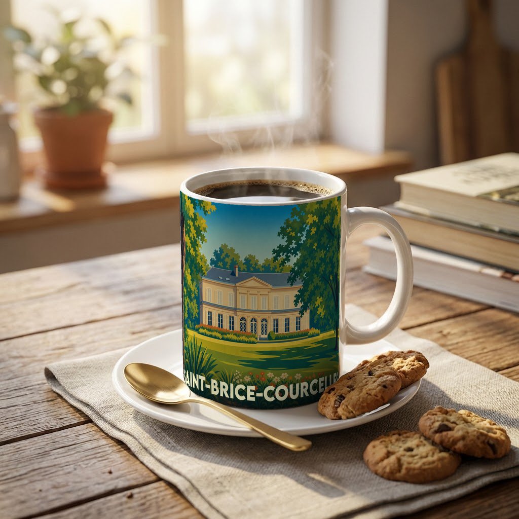 Mug souvenir de la ville de Saint-Brice-Courcelles avec une illustration stylisée d'un château entouré de verdure.