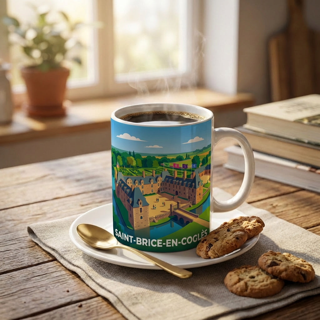 Mug souvenir de la ville de Saint-Brice-en-Coglès avec une illustration stylisée.