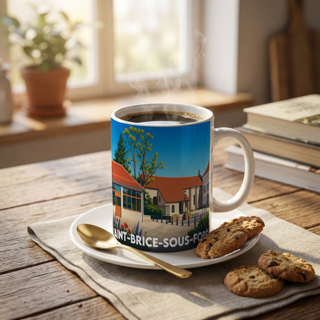 Mug souvenir de la ville de Saint-Brice-sous-Forêt avec une illustration stylisée.
