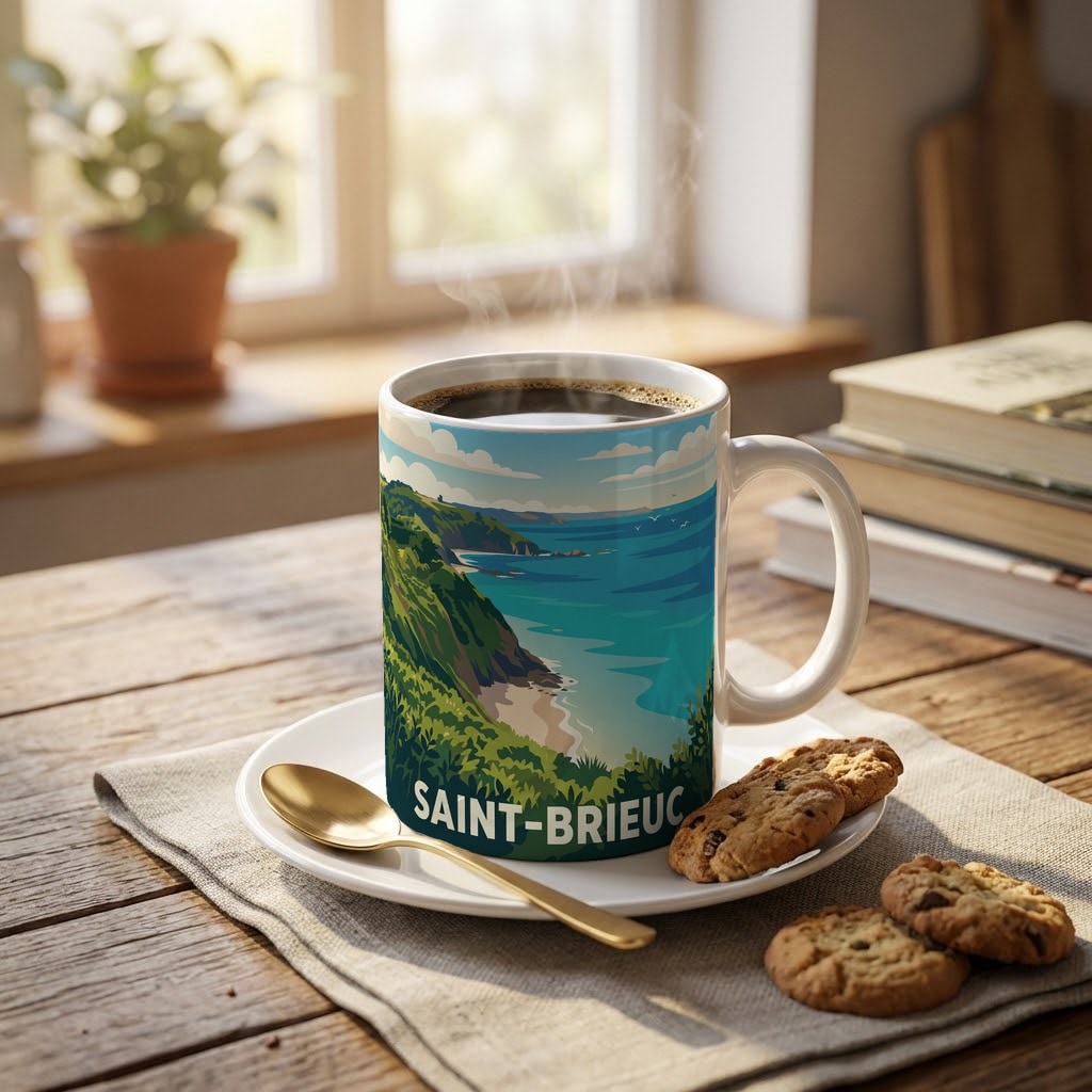Mug souvenir de la ville de Saint-Brieuc avec une illustration stylisée de son littoral.