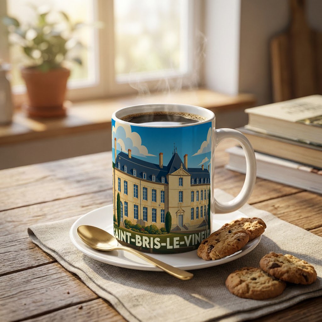Mug souvenir de la commune de Saint-Bris-le-Vineux orné d'une illustration stylisée de son château.