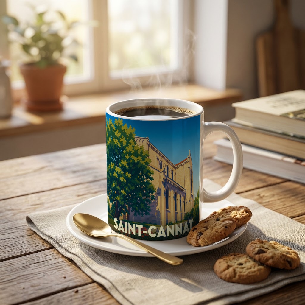 Mug souvenir de la ville de Saint-Cannat orné d'une illustration stylisée de son église.
