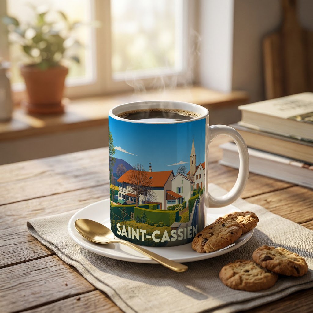 Mug souvenir de la ville de Saint-Cassien arborant une illustration stylisée d'un paysage villageois.