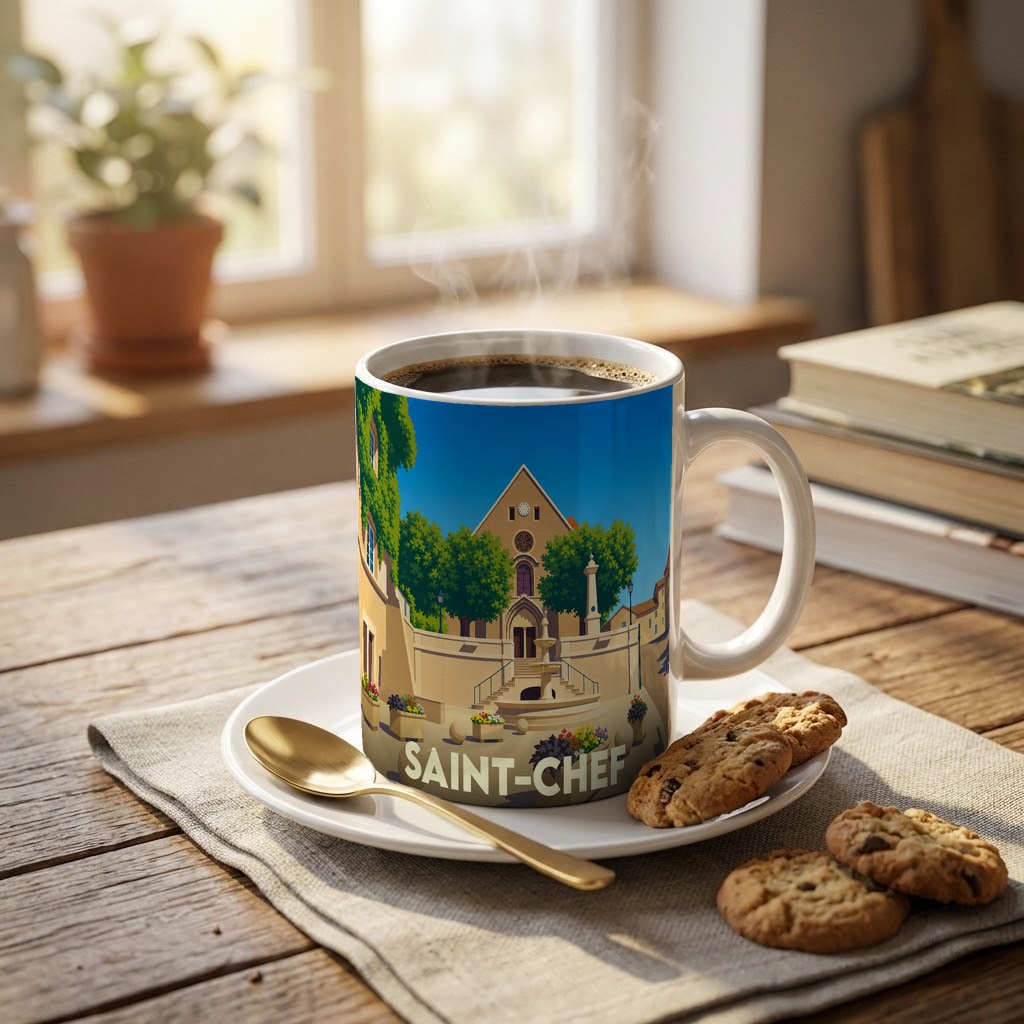 Mug souvenir de la ville de Saint-Chef avec une illustration stylisée d'une place historique.