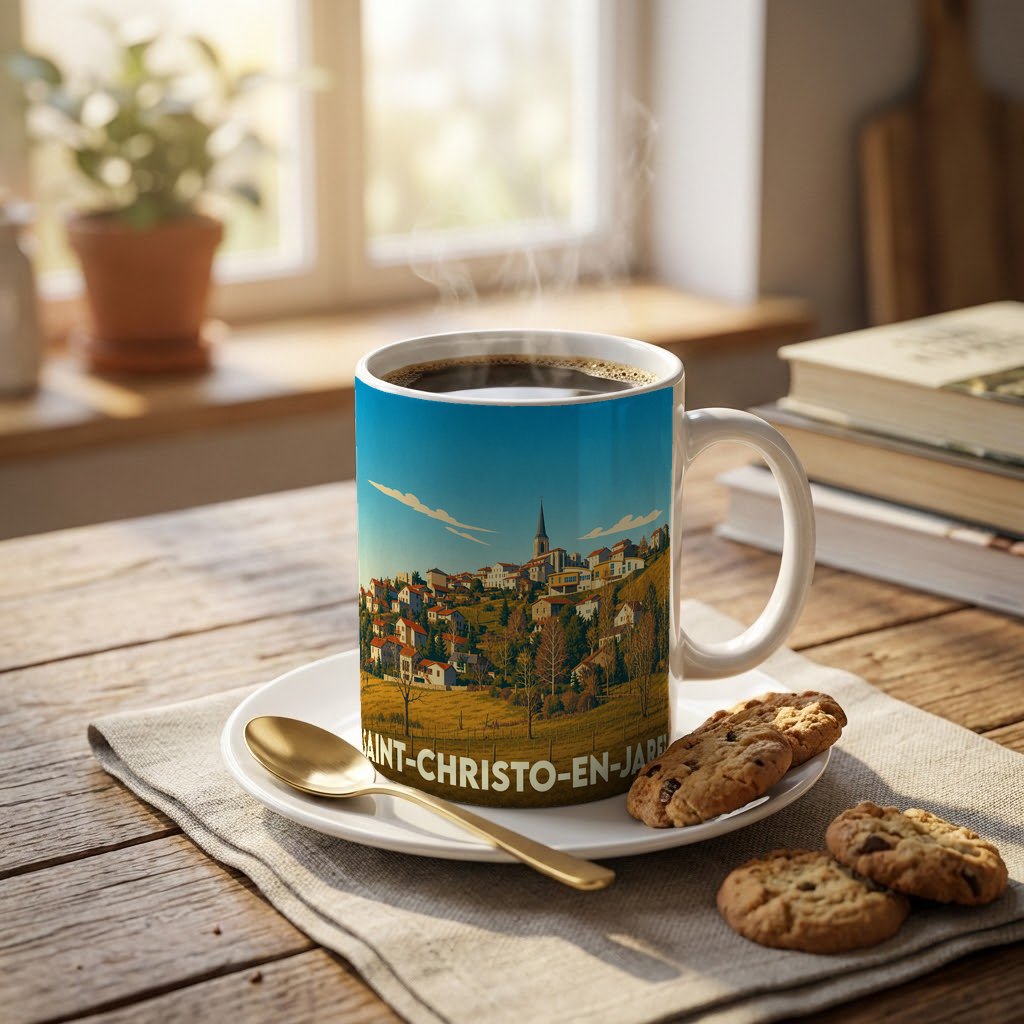Mug souvenir de la ville de Saint-Christo-en-Jarez avec une illustration stylisée d'un village perché.