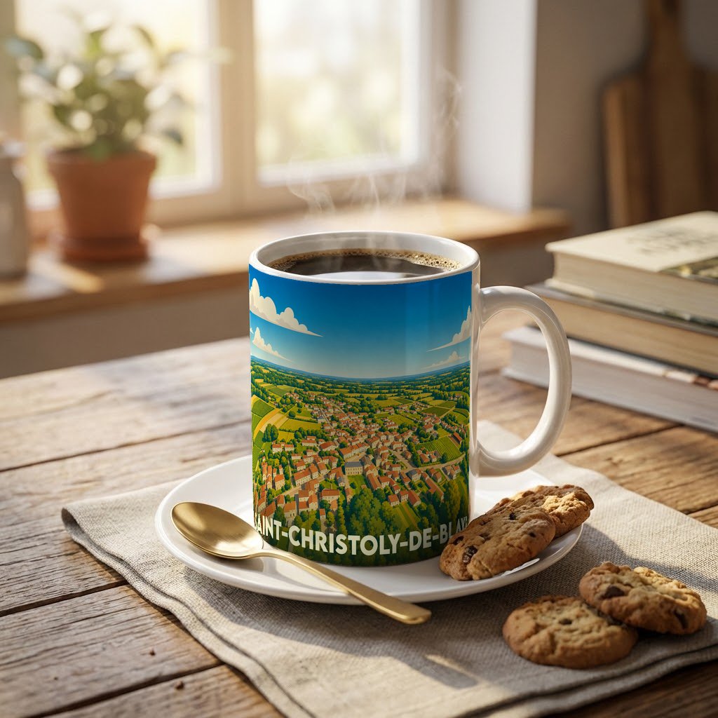 Mug souvenir de Saint-Christoly-de-Blaye illustré par une vue aérienne stylisée du village.