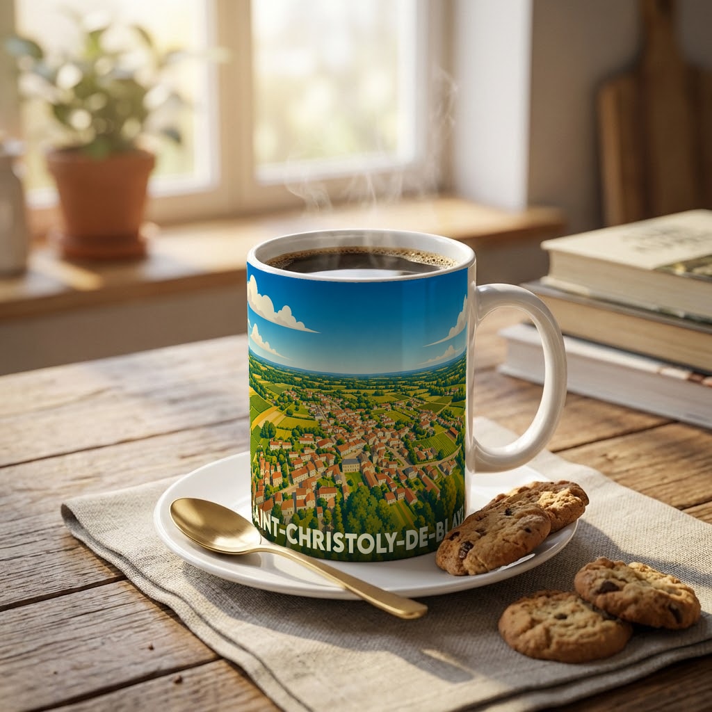 Mug souvenir de Saint-Christoly-de-Blaye illustré par une vue aérienne stylisée du village.