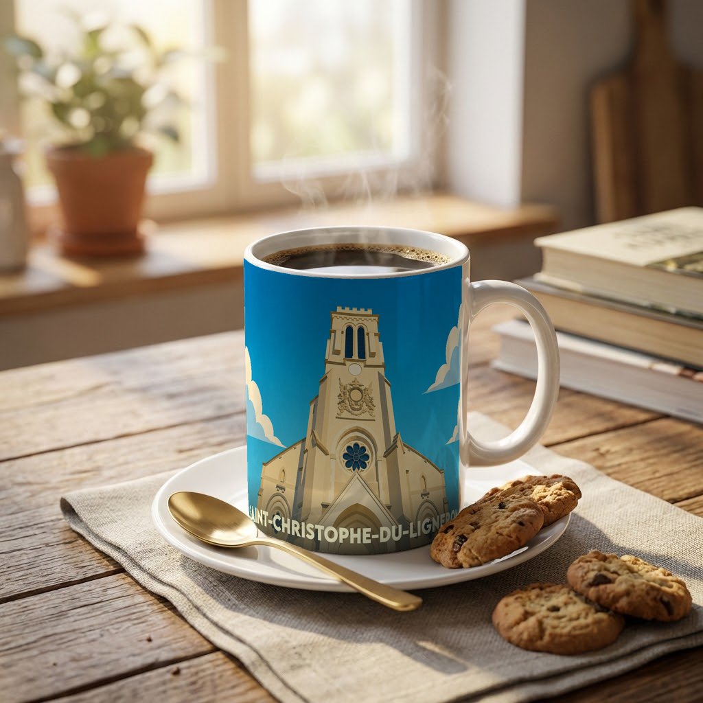 Mug souvenir de la ville de Saint-Christophe-du-Ligneron avec une illustration stylisée de son église.