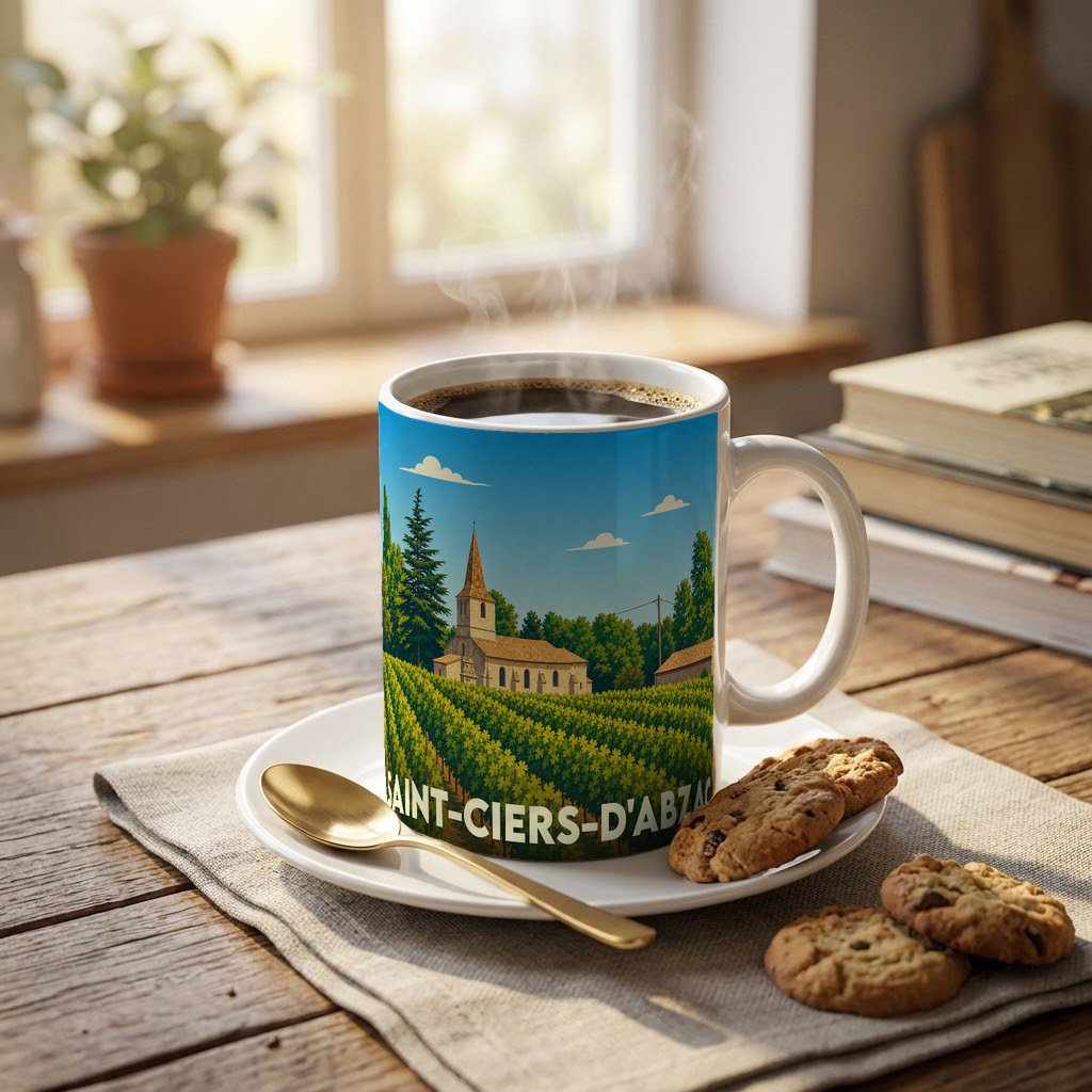 Mug souvenir de la ville de Saint-Ciers-d'Abzac avec une illustration stylisée d'un vignoble et d'une église.