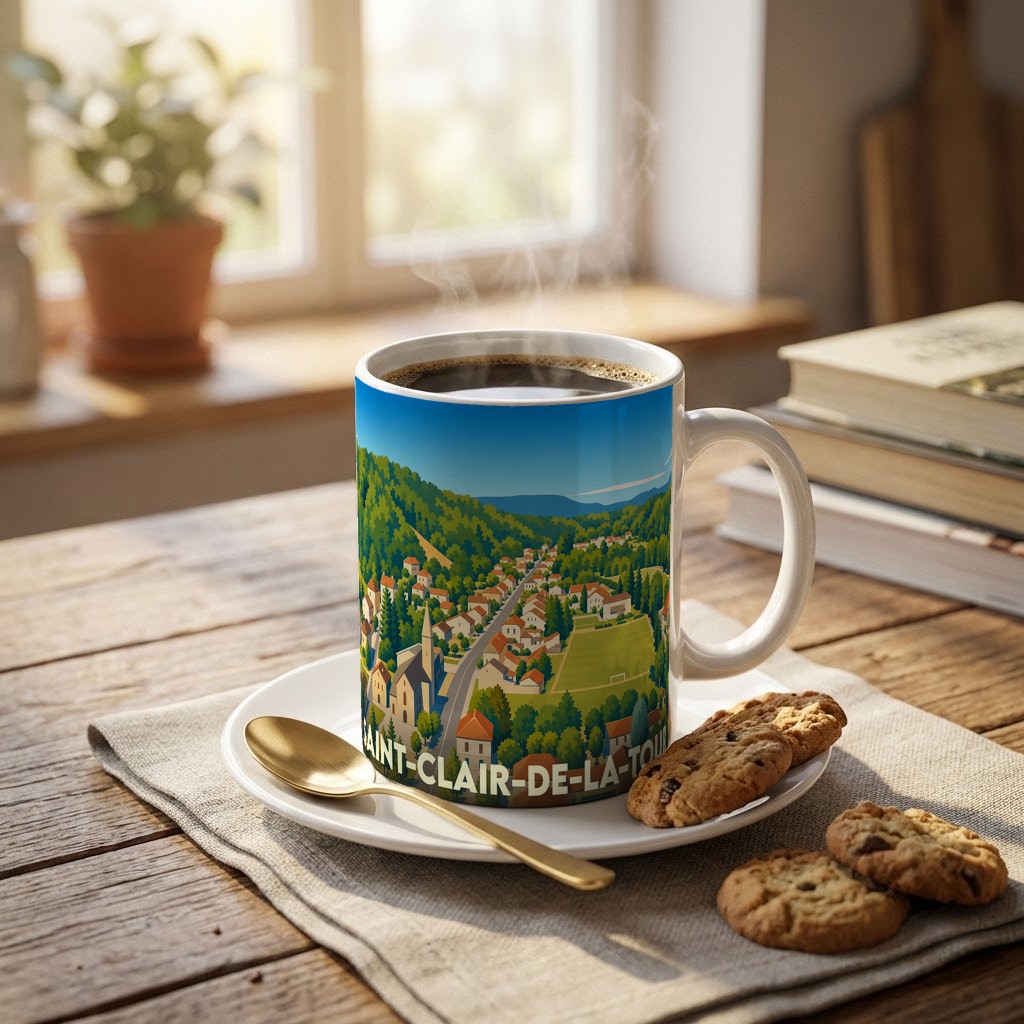 Mug souvenir de la ville de Saint-Clair-de-la-Tour avec une illustration colorée et stylisée du village.
