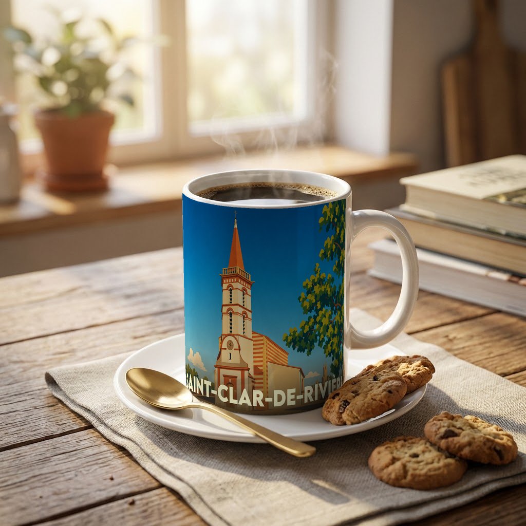 Mug souvenir de la ville de Saint-Clar-de-Rivière orné d'une illustration stylisée de son église.