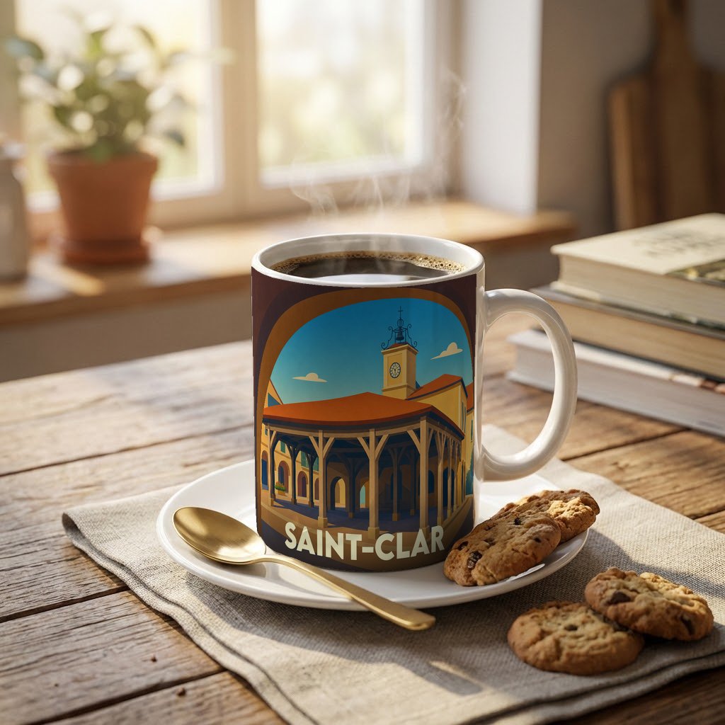 Mug souvenir de la ville de Saint-Clar avec une illustration stylisée de sa halle et de son clocher.
