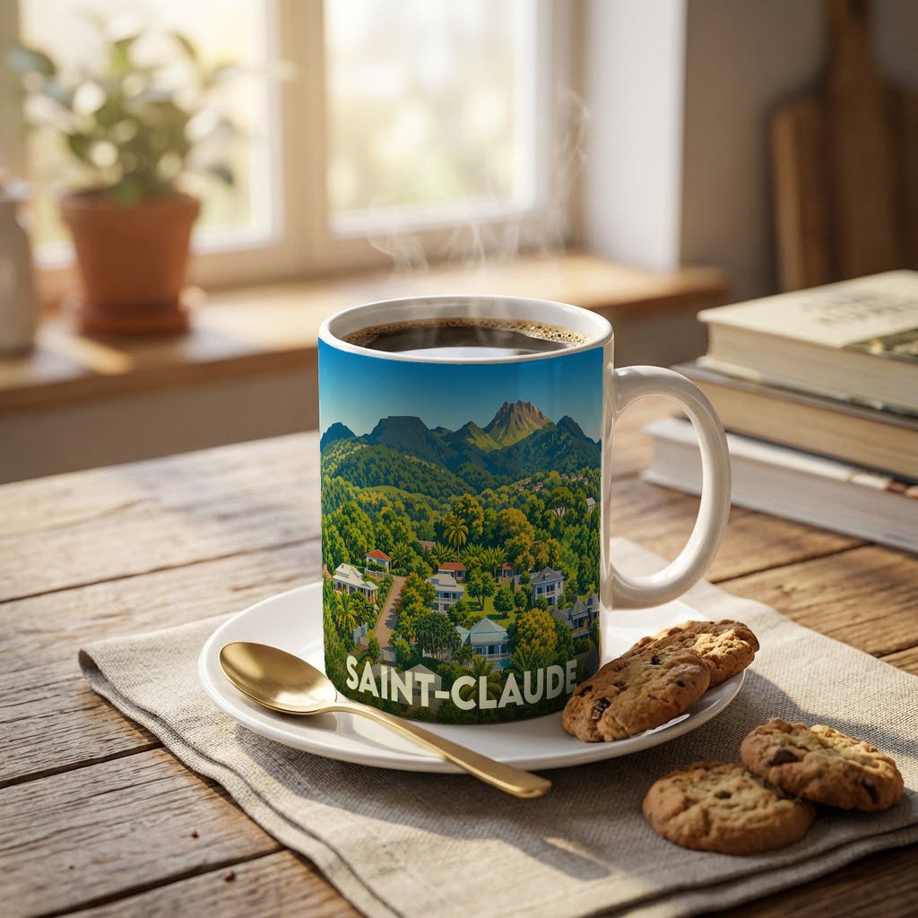 Mug souvenir de la ville de Saint-Claude orné d'une illustration paysagère stylisée.
