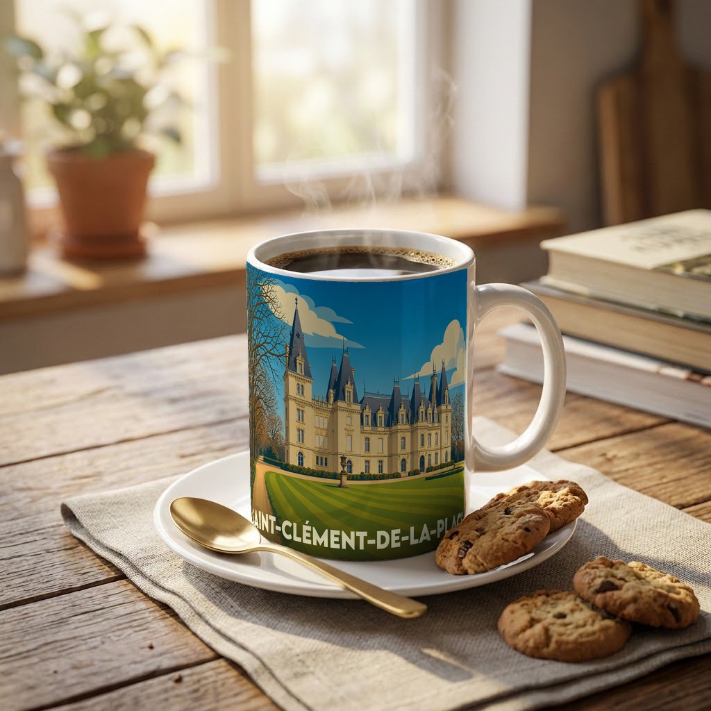 Mug souvenir de la ville de Saint-Clément-de-la-Place orné d'une illustration stylisée de château.