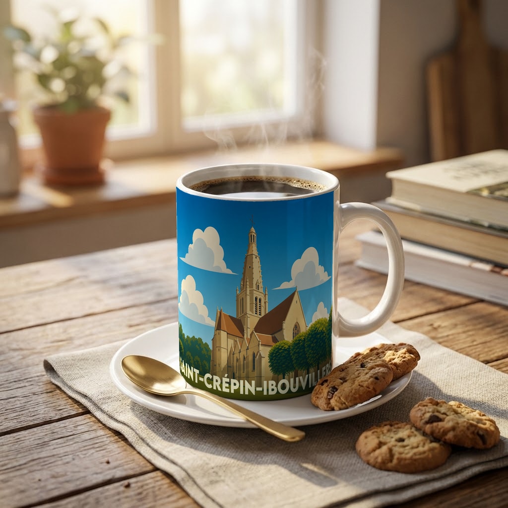 Mug souvenir de la ville de Saint-Crépin-Ibouvillers avec une illustration stylisée de son église.