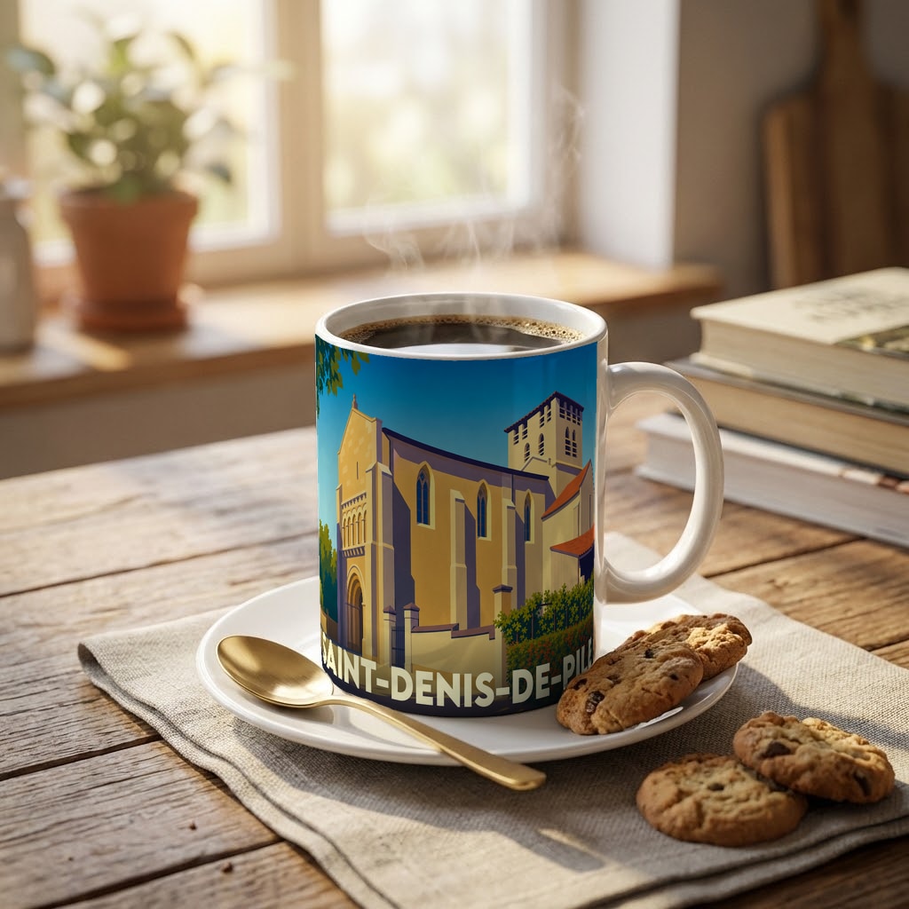 Mug souvenir de la ville de Saint-Denis-de-Pile orné d'une illustration stylisée de son église.