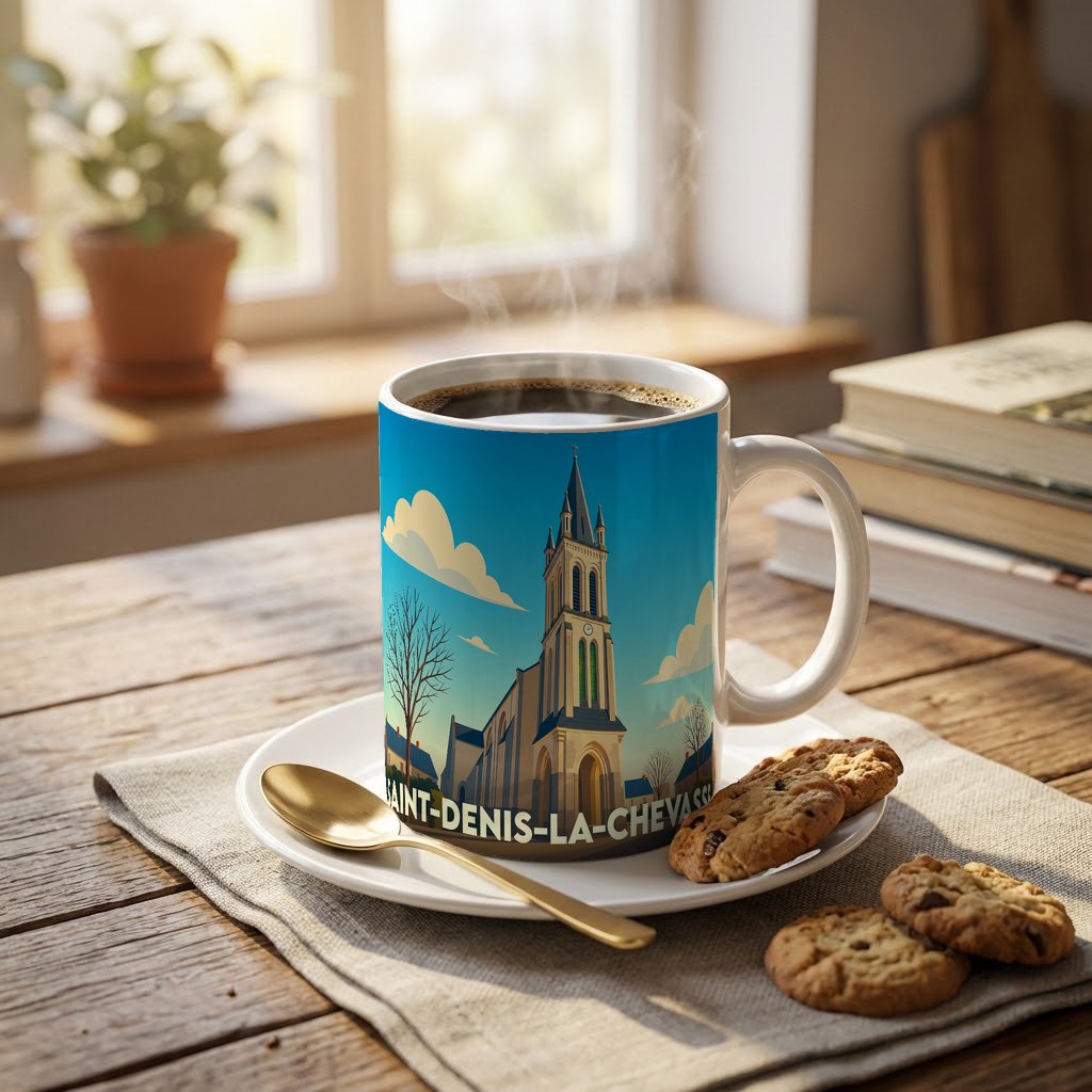 Mug souvenir de la ville de Saint-Denis-la-Chevasse orné d'une illustration stylisée de son église.