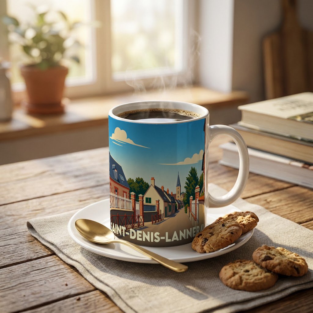 Mug souvenir de la ville de Saint-Denis-Lanneray avec une illustration stylisée.