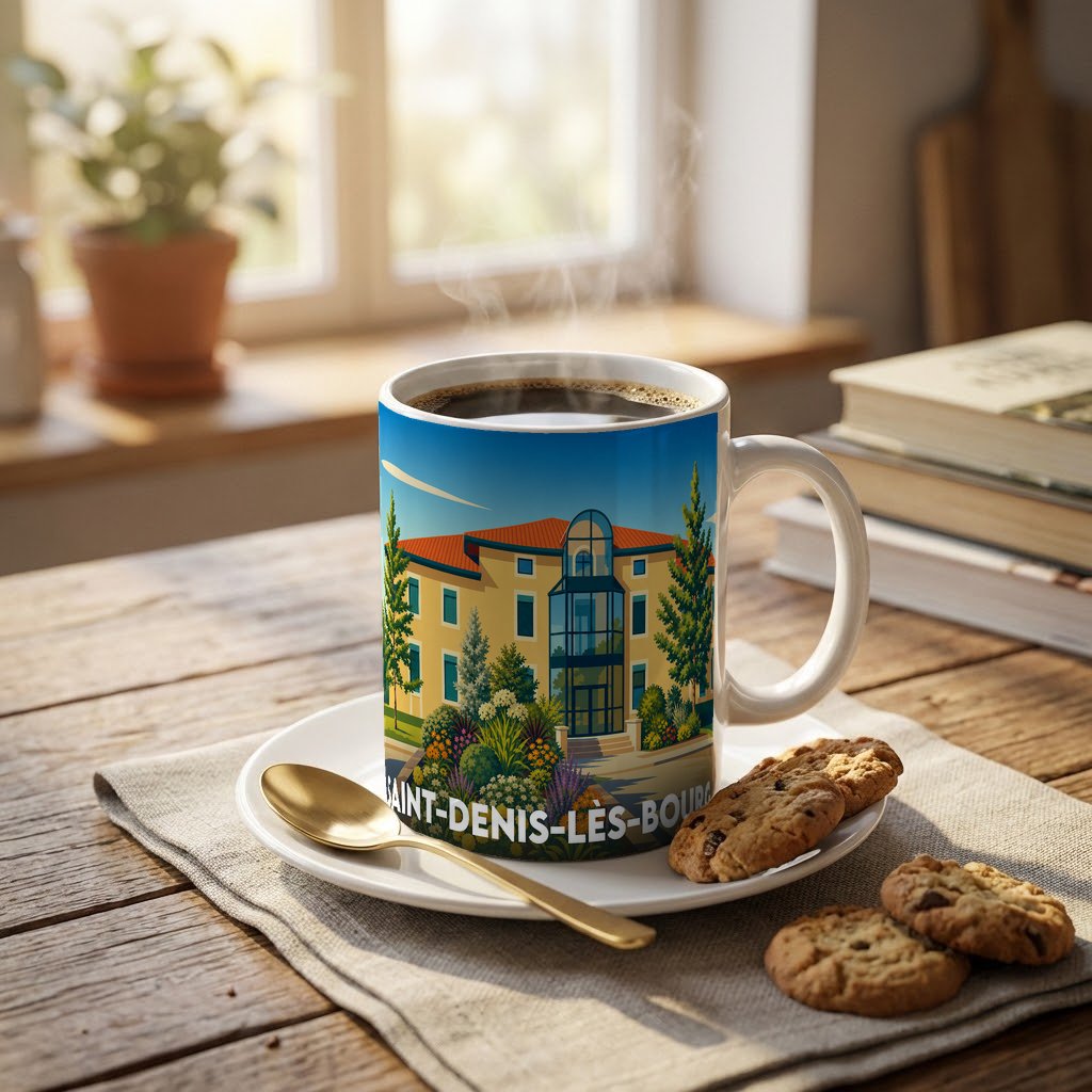 Mug souvenir de la ville de Saint-Denis-lès-Bourg avec une illustration stylisée d'un bâtiment remarquable.