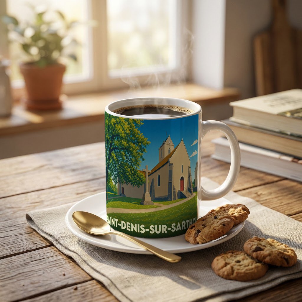 Mug souvenir de la ville de Saint-Denis-sur-Sarthon avec une illustration stylisée de son église.