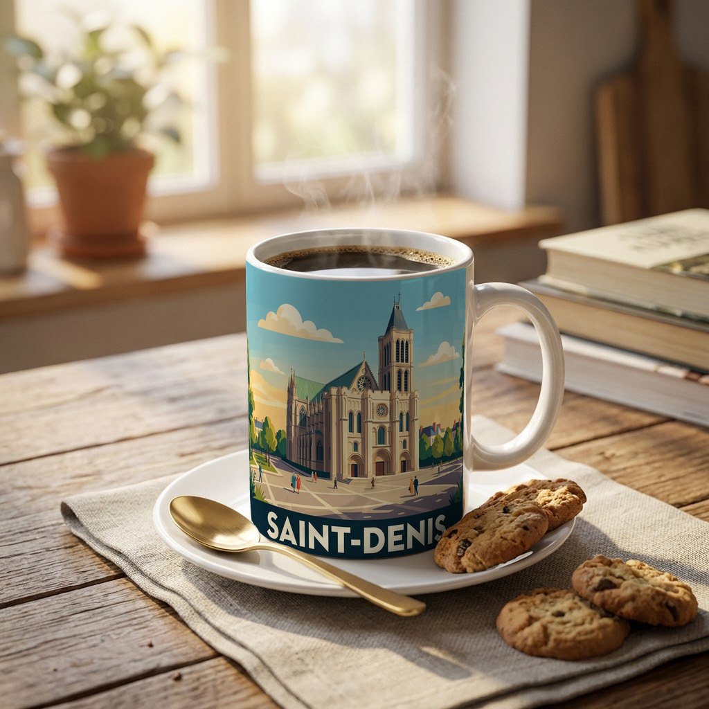 Mug souvenir de la ville de Saint-Denis avec une illustration stylisée de sa basilique.