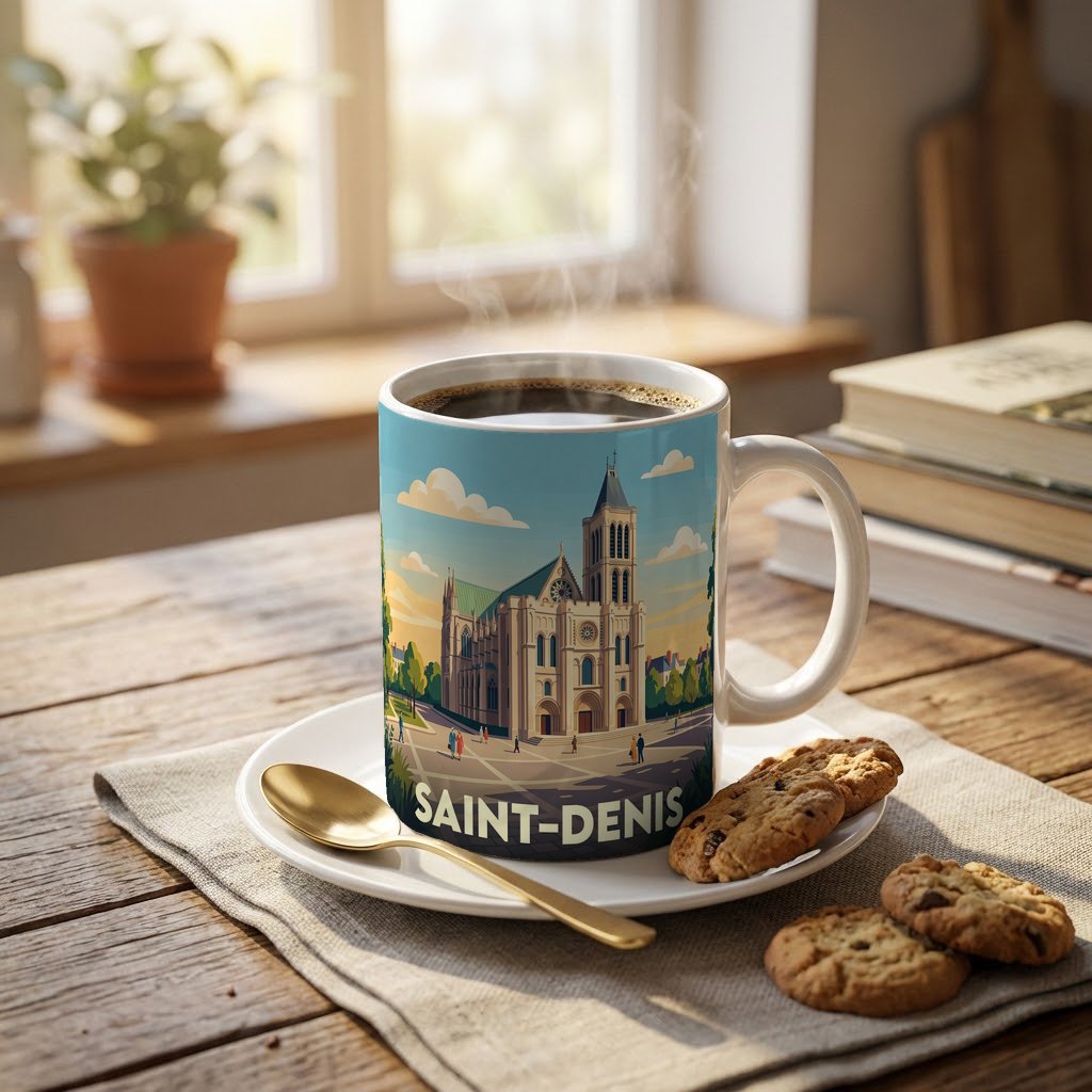 Mug souvenir de la ville de Saint-Denis avec une illustration stylisée de sa basilique.