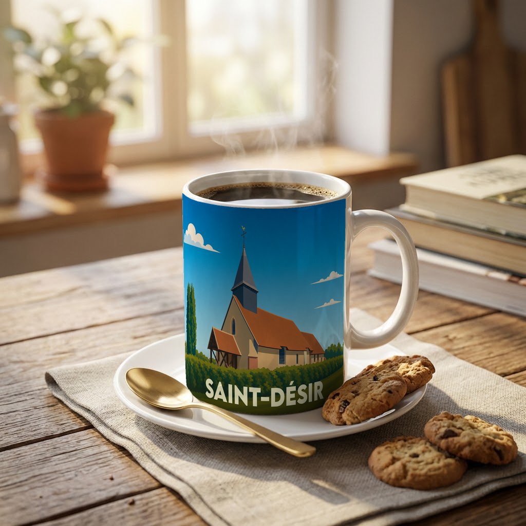 Mug souvenir de la ville de Saint-Désir avec une illustration stylisée de son église.