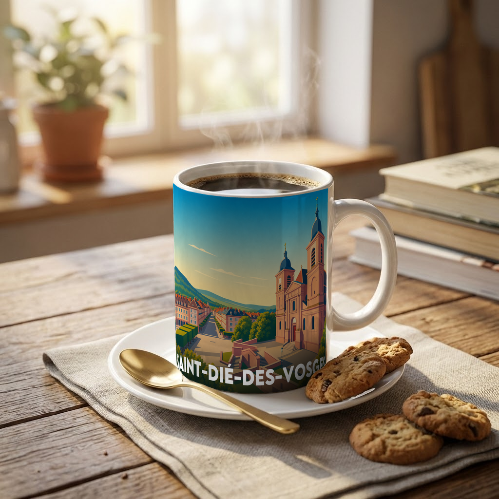 Mug souvenir de la ville de Saint-Dié-des-Vosges avec une illustration stylisée.