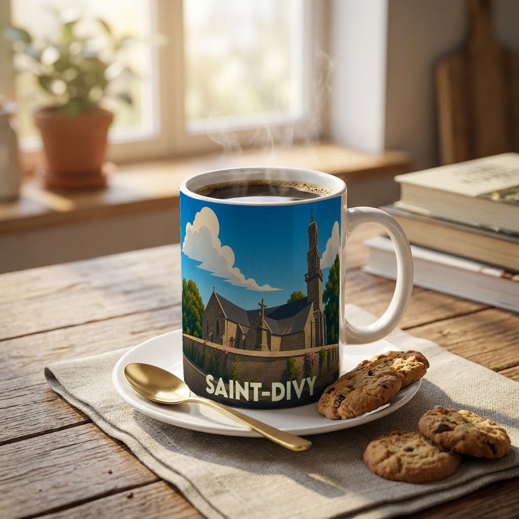 Mug souvenir de la ville de Saint-Divy avec une illustration stylisée de son église.