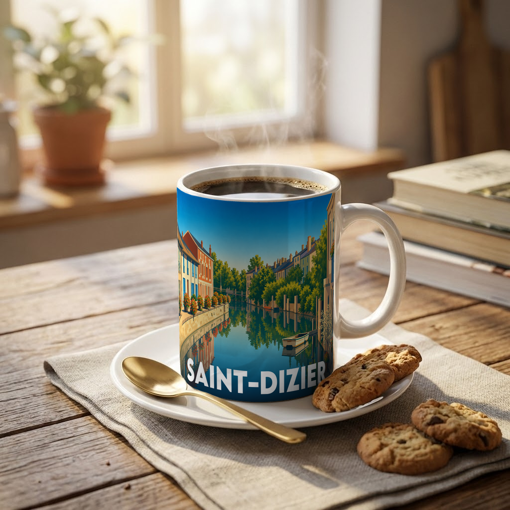 Mug souvenir de la ville de Saint-Dizier avec une illustration stylisée d'un canal.