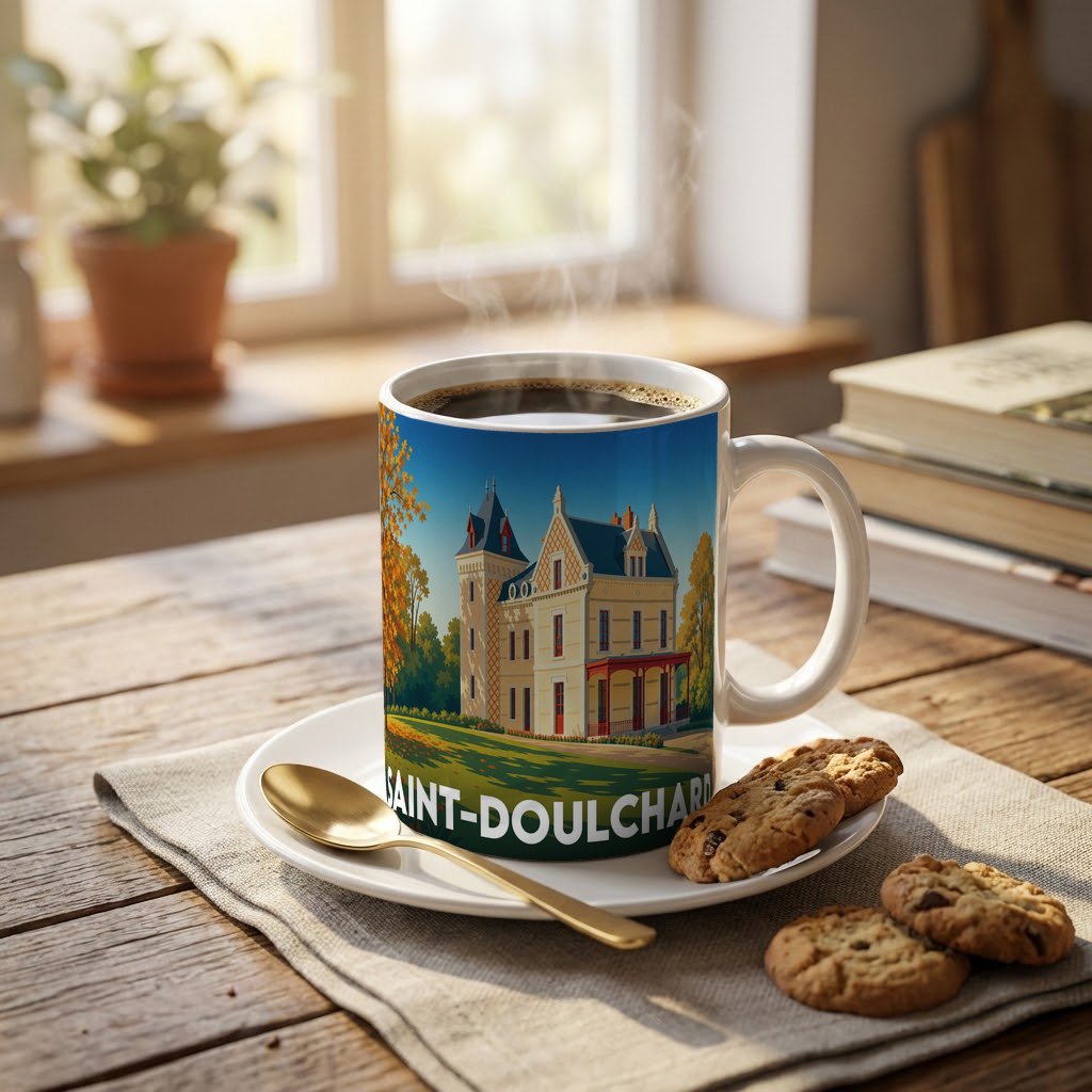 Mug souvenir de la ville de Saint-Doulchard orné d'une illustration stylisée de son patrimoine.