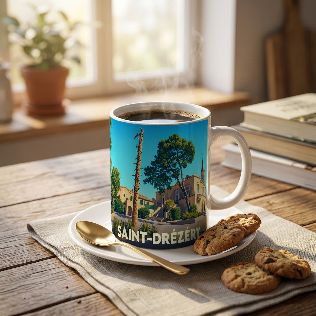 Mug souvenir de la ville de Saint-Drézéry avec une illustration stylisée et colorée.