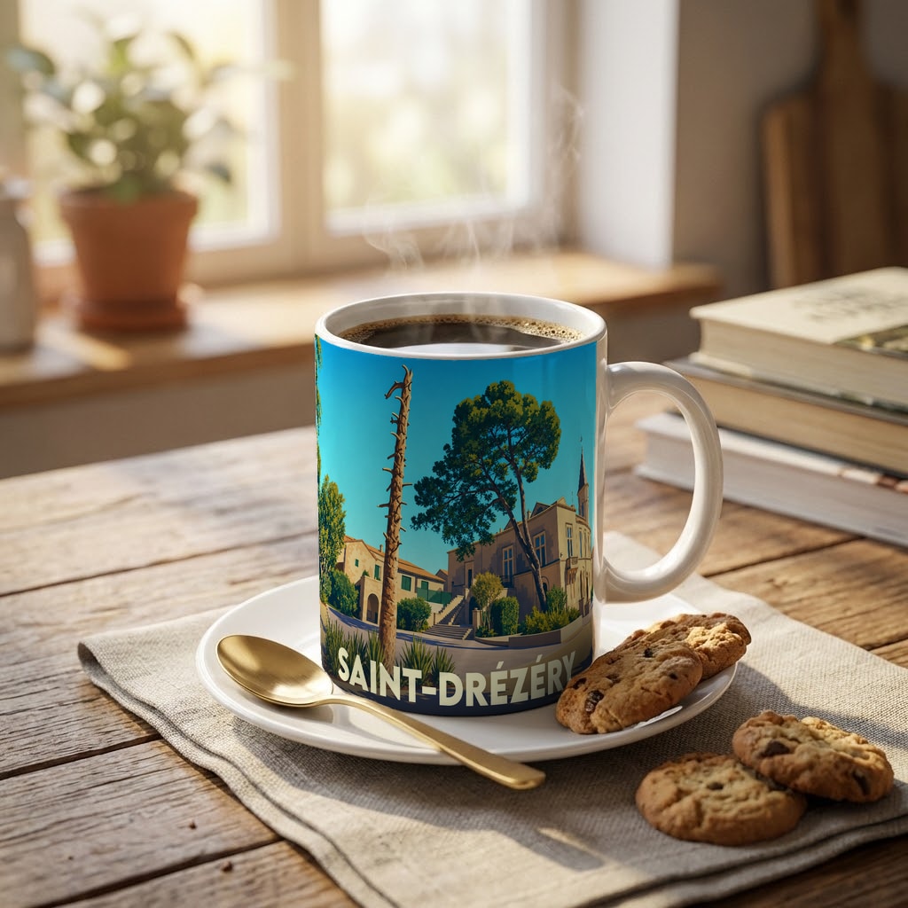 Mug souvenir de la ville de Saint-Drézéry avec une illustration stylisée et colorée.