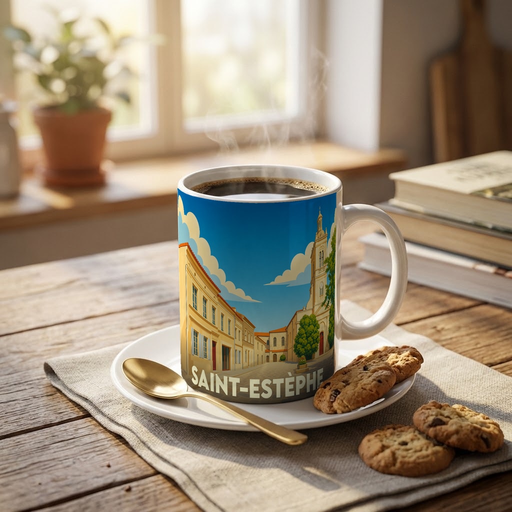 Mug souvenir de la ville de Saint-Estèphe orné d'une illustration stylisée de ses rues et de son église.